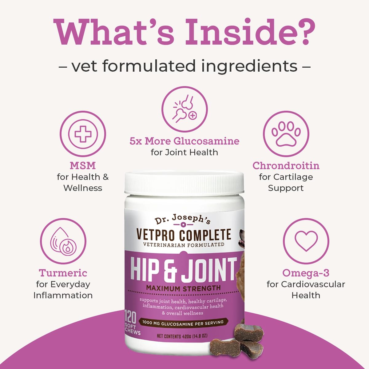 Dr. Joseph's VetPro Complete Dog Hip & Joint Supplement for Arthritis Pain Relief – High-Strength Glucosamine & Chondroitin Chews for Senior Dogs – Vet Formulated Daily Treats, Chicken Flavor, 60 Ct VetPro Complete Au supplements
