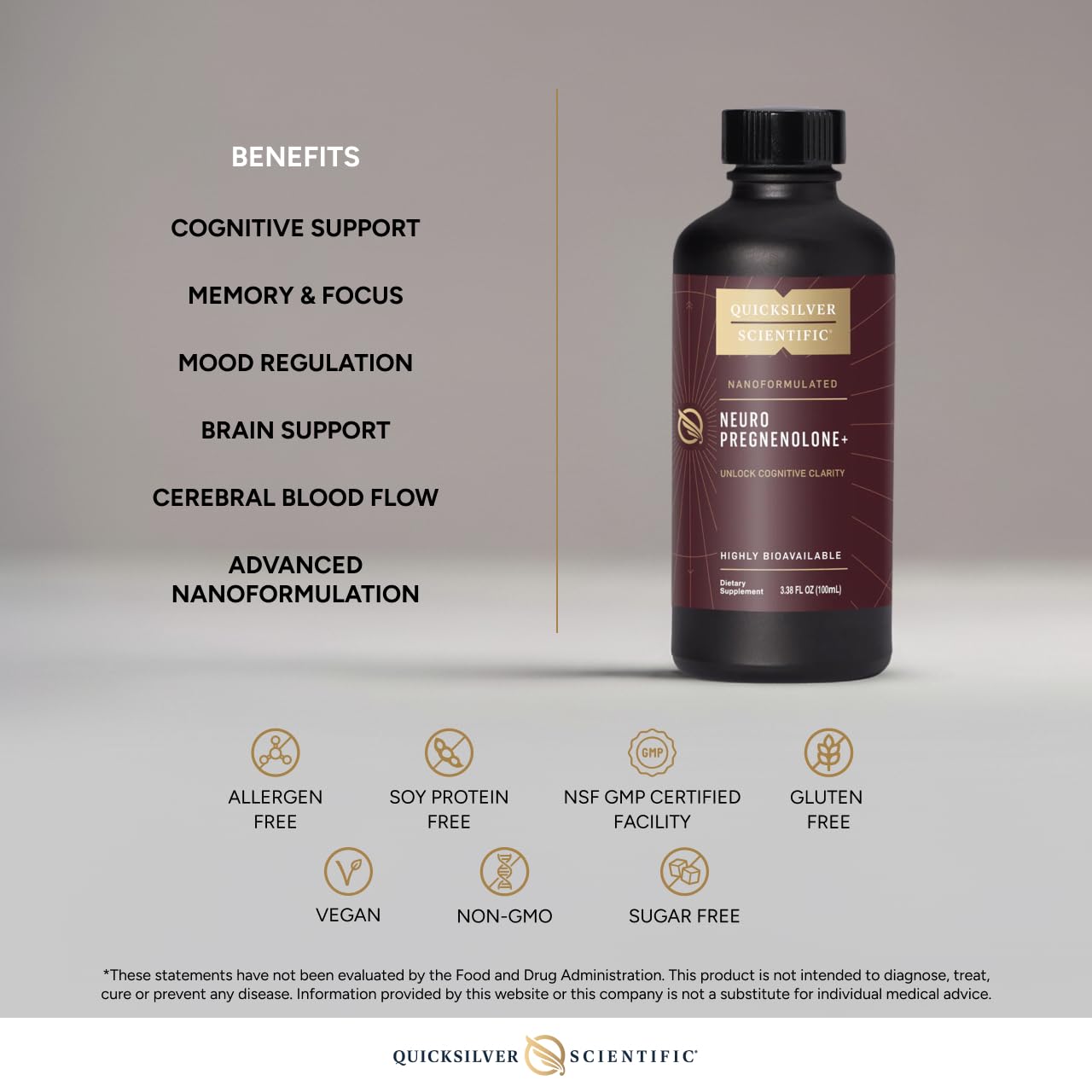 Quicksilver Scientific Neuro Pregnenolone+ - Brain Support Supplement for Neurological Health - Neuroactive Ingredients - Rapid Absorption - Vegan, Sugar-Free & Gluten-Free - 3.38 fl oz (20 Servings) Quicksilver Scientific Au supplements