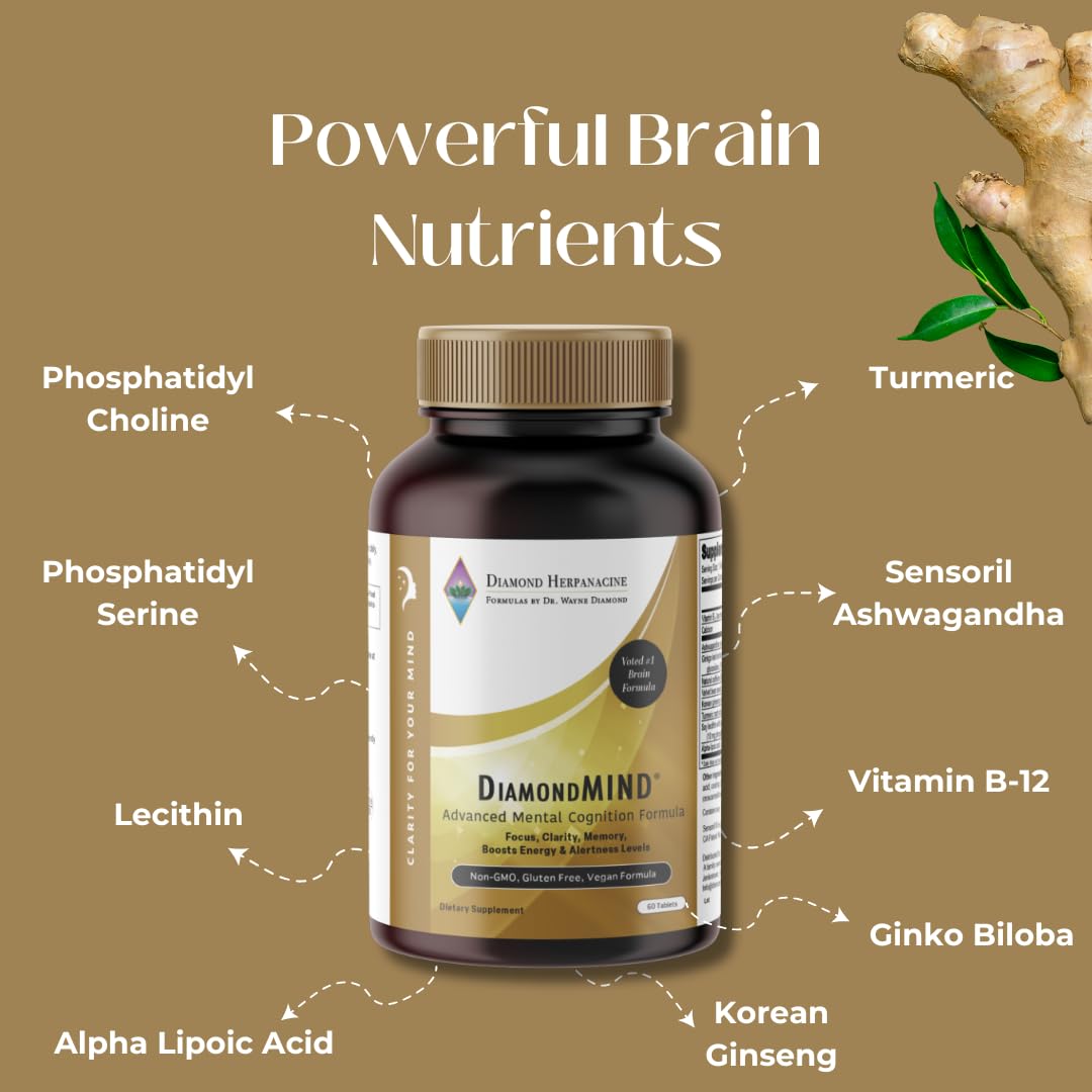 DiamondMIND Brain Support Supplement - Natural Formula for Mental Energy & Cognitive Function - Focus, Clarity, and Memory Supplement - Less Mental Stress - Vegan, Gluten-Free, Dairy-Free - (60 Count) Herpanacine Au supplements