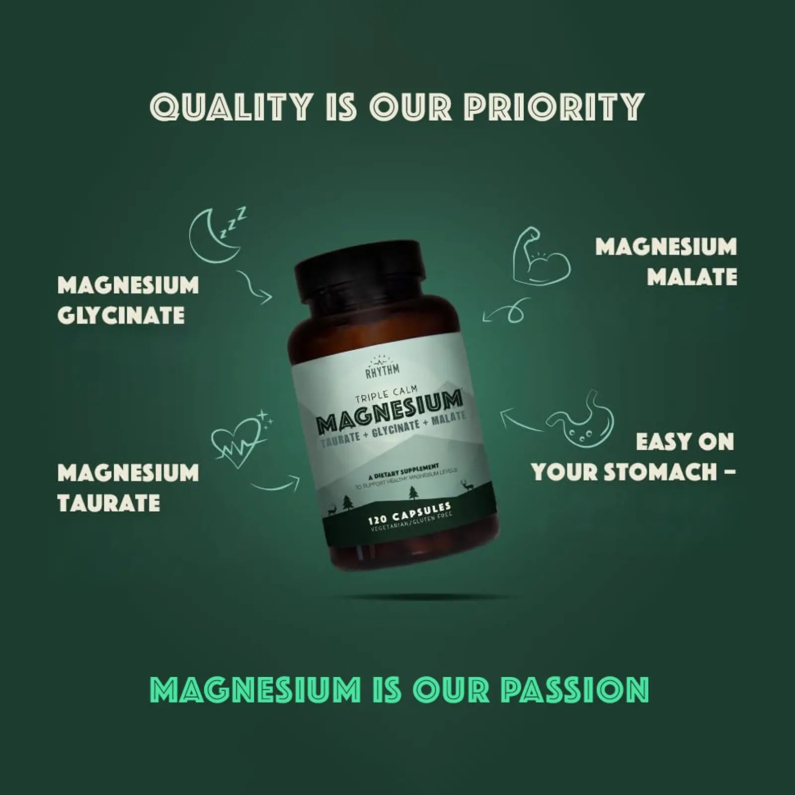 Natural Rhythm Triple Calm Magnesium Complex - 120 Capsules, Chelated Magnesium Glycinate, Taurate & Malate, High Absorption Supplement for Sleep, Stress, Muscle & Heart Support, Non-GMO, Vegan Natural Rhythm Au supplements