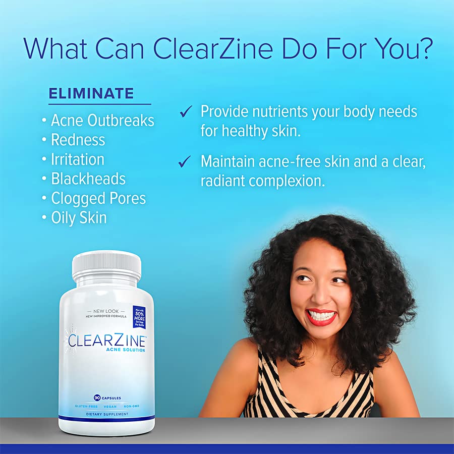 ClearZine Acne Pills for Teens & Adults | Clear Skin Supplement, Vitamins for Hormonal & Cystic Acne | Stop Breakouts, Oily Skin and Zits, 90 Caps ClearZine Au supplements