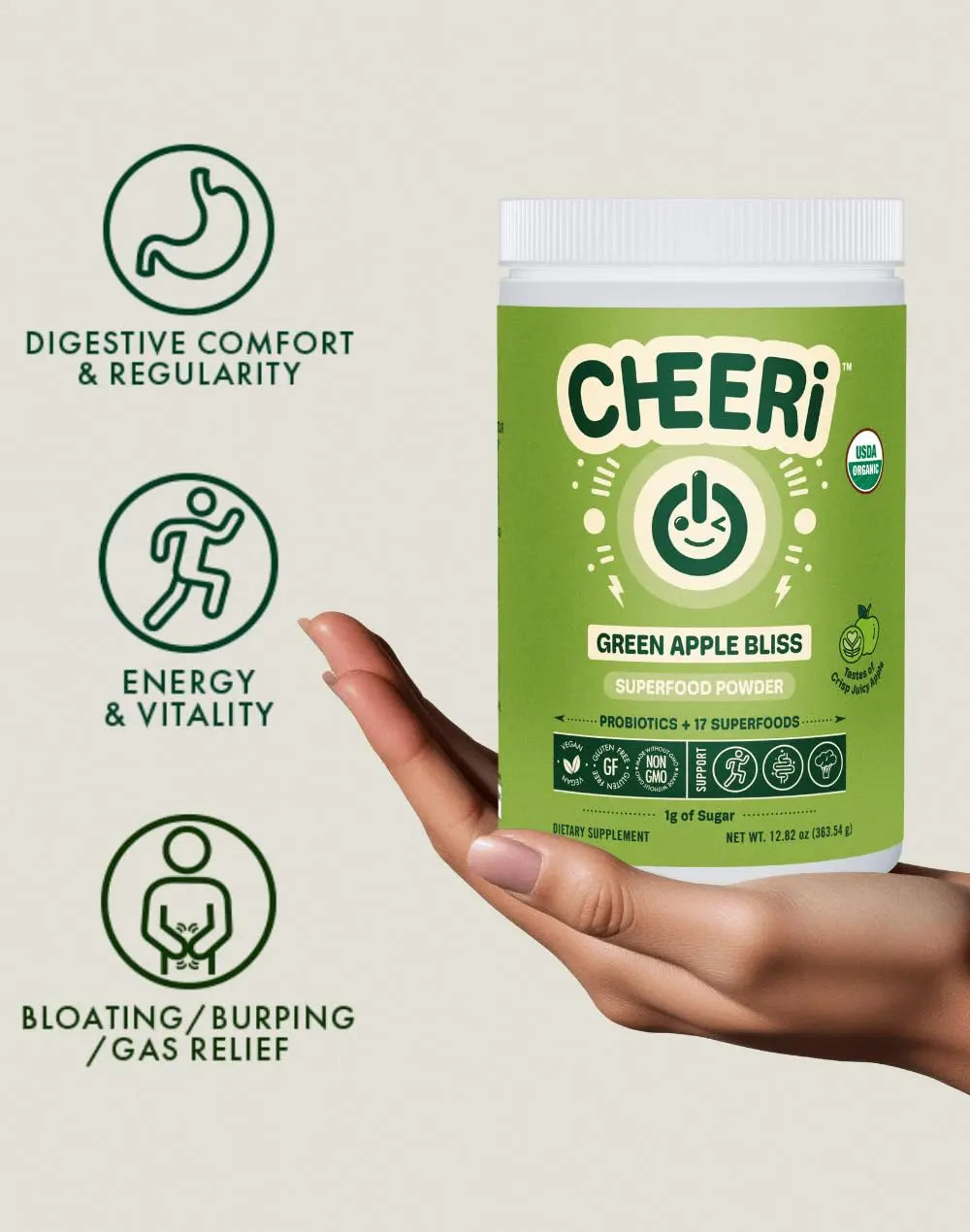 Cheerific Crisp Apple Greens Superfood Powder - 20+ Organic Superfoods + Prebiotic & Probiotics + More - Keto Friendly - Supports Positive Mood, Gut Health - Vegan, Gluten Free, Non-GMO - 30 Day Cheerific Au supplements