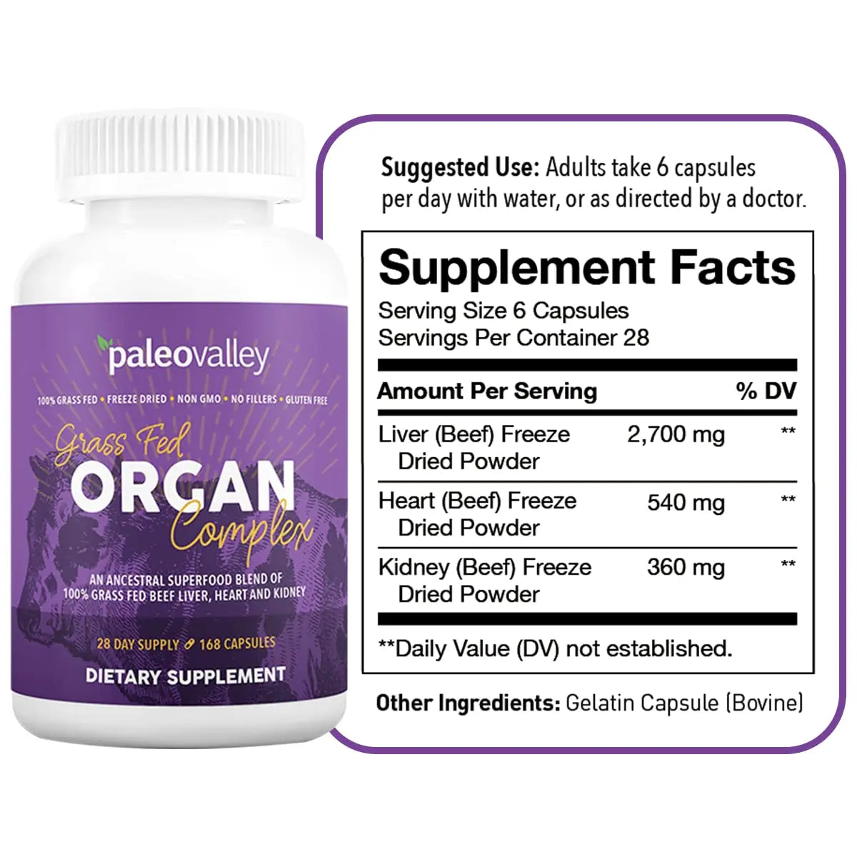 Paleovalley Grass Fed Beef Organ Complex - Freeze-Dried Beef Liver, Heart, and Kidney Blend, 1 Bottle Paleovalley Au supplements