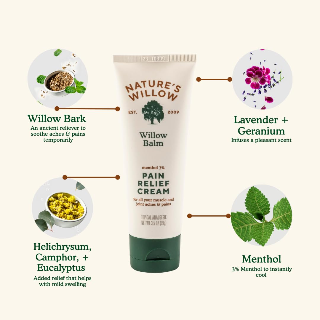 Nature's Willow Willow Balm Natural Pain Relief Cream for Muscles & Joints | Fast-Acting with Willow Bark & Menthol | Free from Artificial Fragrances & Dyes | 1-Pack | 3.5 fl oz Nature's Willow Au supplements