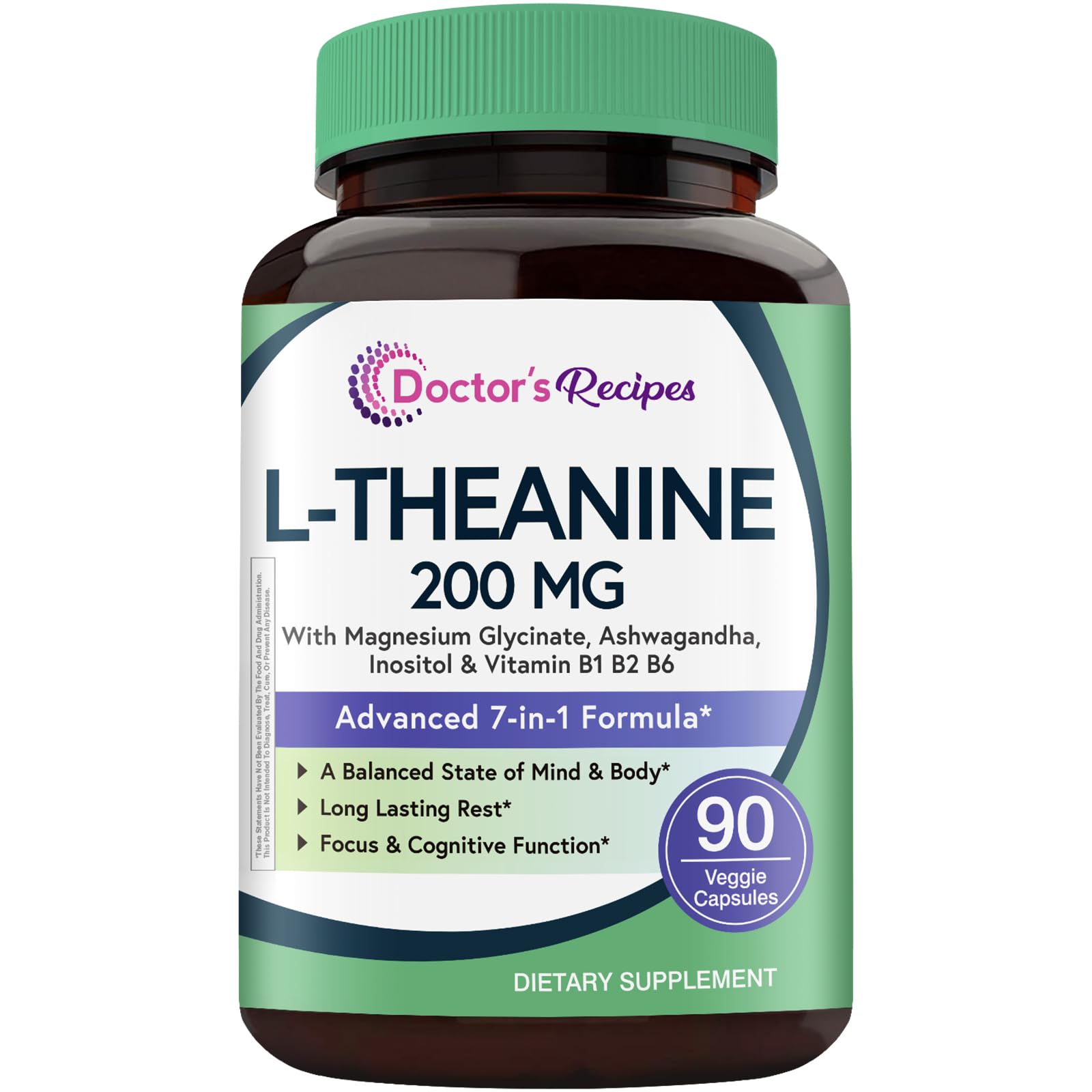 Doctor's Recipes L-Theanine 200 mg, Magnesium Glycinate, Ashwagandha, Inositol, Vitamin B6 B1 B2, Calm Relaxation Mood Cortisol Manager Nerve Focus Sleep Aid Quality No Drowsiness, Vegan, 90 Capsules Doctor's Recipes Au supplements