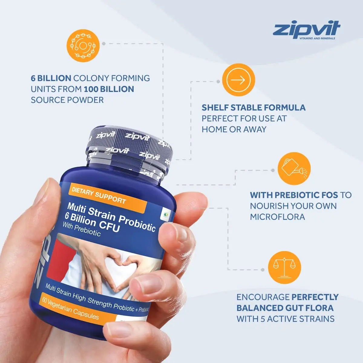 Probiotic 6 Billion Multi-Strain Live Bio Cultures Complex with Prebiotic, 60 Vegetarian Zipvit Au supplements