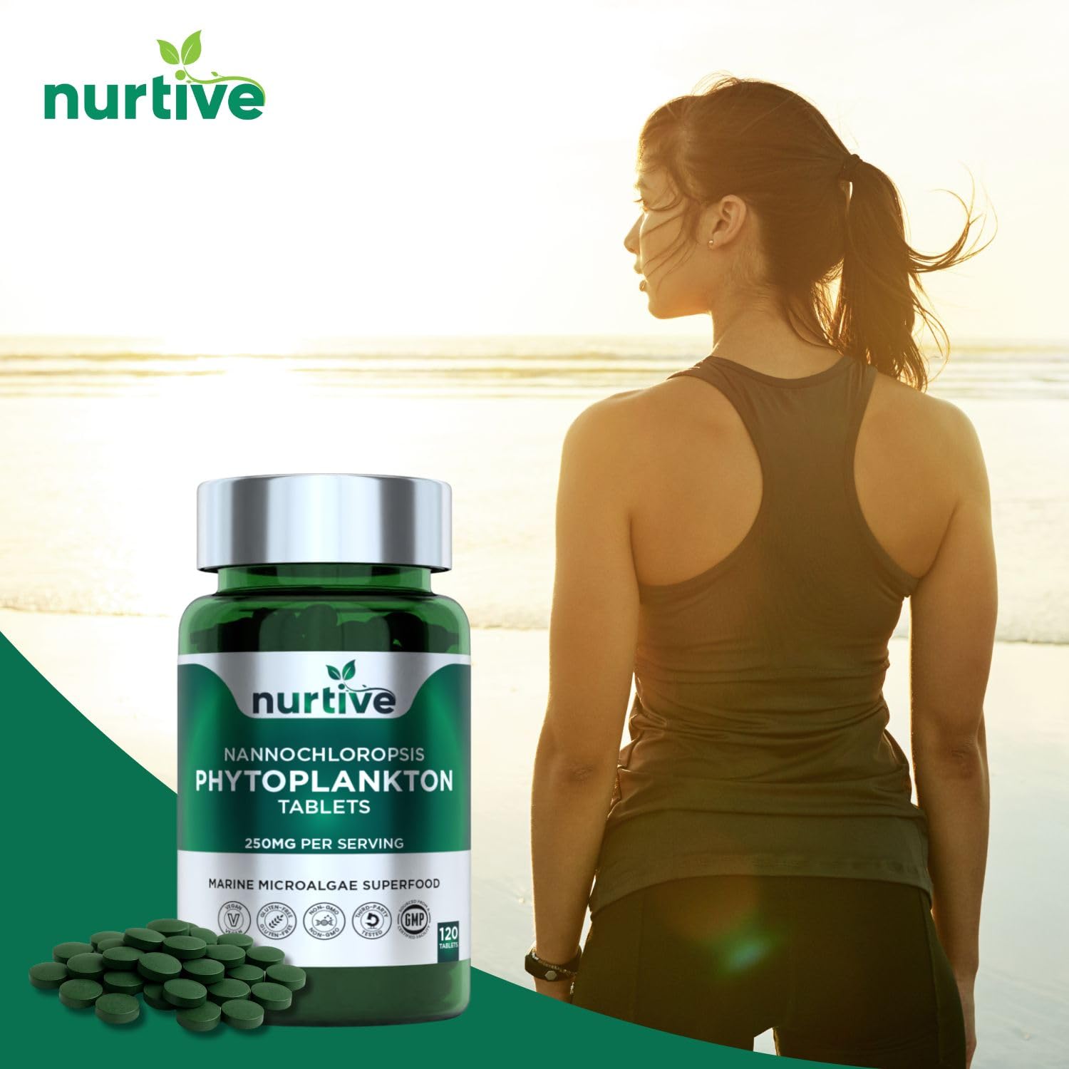 NURTIVE Nannochloropsis Phytoplankton Tablets – 250mg per Serving – Vegan, Gluten-Free, Non-GMO, No Fillers – Third-Party Tested, GMP Certified – 2 Tablets/Day for 2 Month, 120 Tablets/Bottle NURTIVE Au supplements