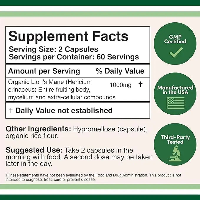 Lions Mane Supplement Mushroom Capsules (Two Month Supply - 120 Count) for Brain Double Wood Supplements Au supplements