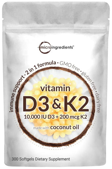 Vitamin D3 10000 iu Plus K2 (MK-7) 200 mcg, 300 Virgin Coconut Oil Softgels Micro Ingredients Au supplements