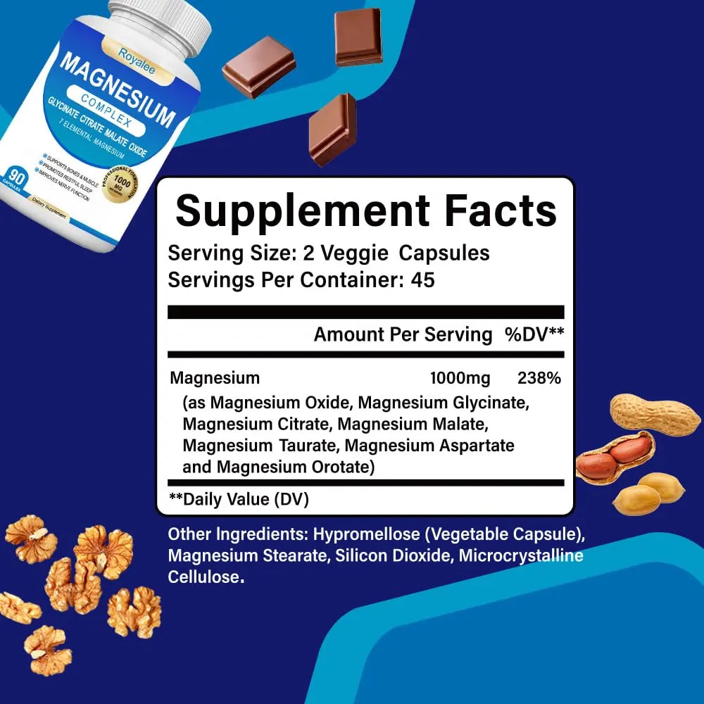 Magnesium Complex Supplement - 1000mg with 7 Magnesium Forms Including Glycinate, Citrate, Malate, Taurate & Orotate - Supports Relaxation, Muscle Function & Bone Strength - 90 Capsules Royalee Au supplements
