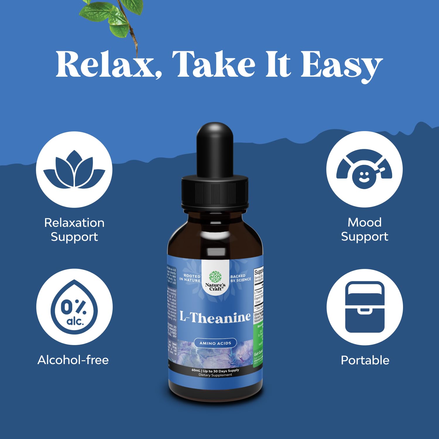 High Absorption L-Theanine Liquid Drops - Nootropic Focus Supplement with L Theanine 200mg Per Serving and Chamomile Extract Supplement for Adults and Kids Relaxation and Focus - 2 Fl Oz Natures Craft Au supplements