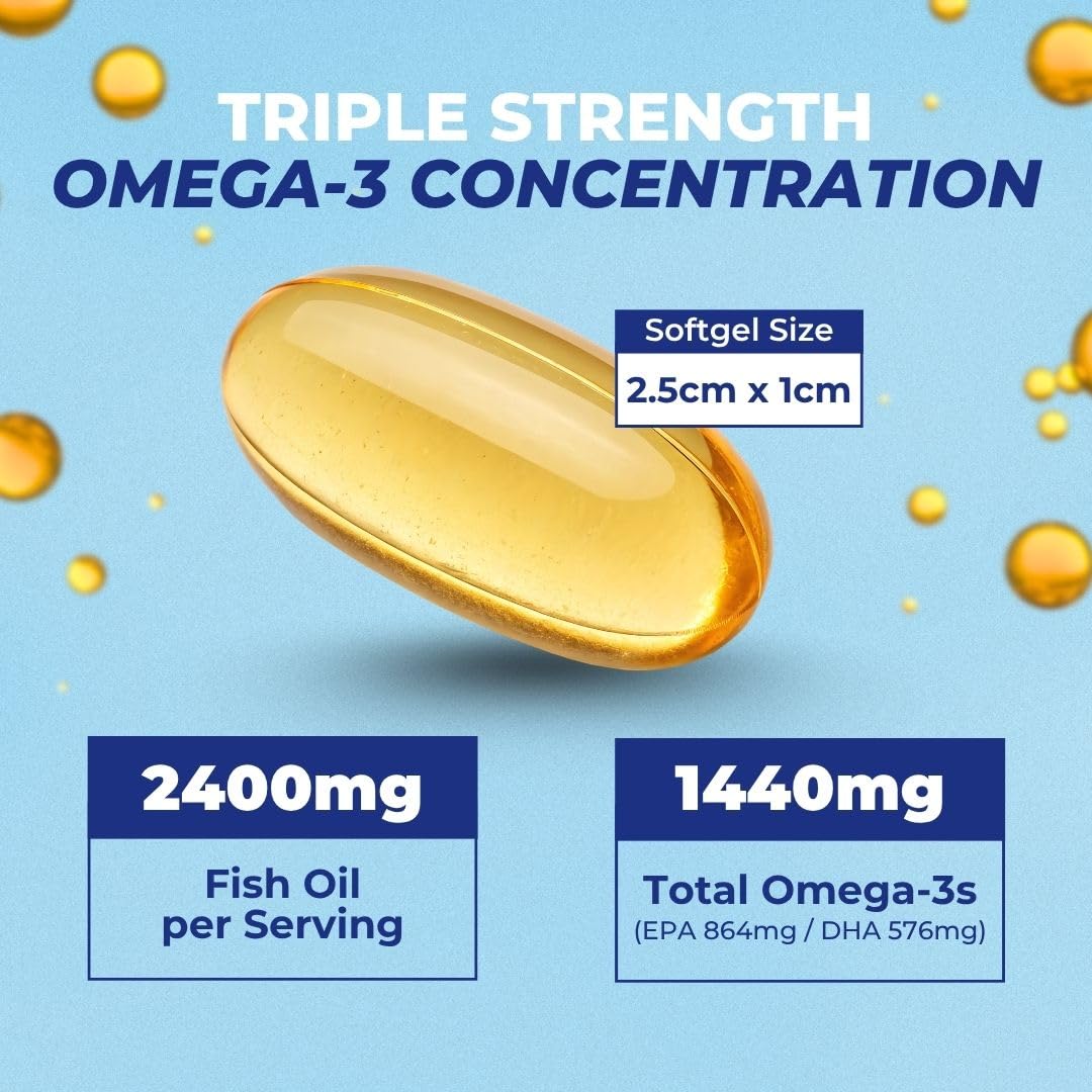 Vital Omega 3 Fish Oil Supplements 2400mg | 864mg EPA & 576mg DHA | 1440mg Total Omega-3 Fatty Acids | Promotes Brain & Heart Health | Non-GMO, Gluten-Free, Sugar-Free | Lemon | 60 Day Servings VITAL NUTRITIVE Au supplements