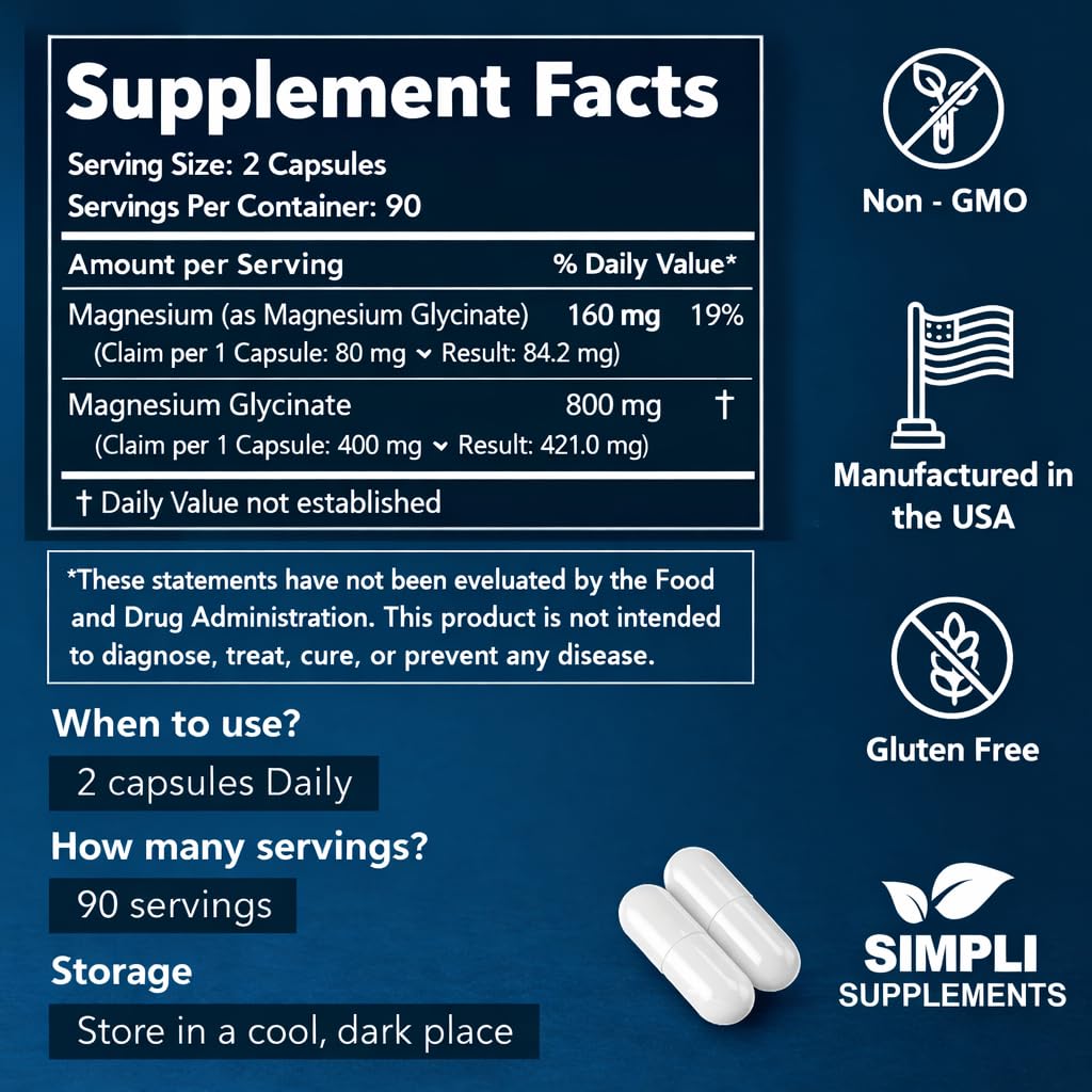 Magnesium Glycinate 400mg per Serving – High Absorption – Gentle on Stomach – Supports Sleep, Relaxation, Muscle, Bone & Immune Health – Non-GMO, Vegan, 180 Capsules Simpli Supplements Au supplements