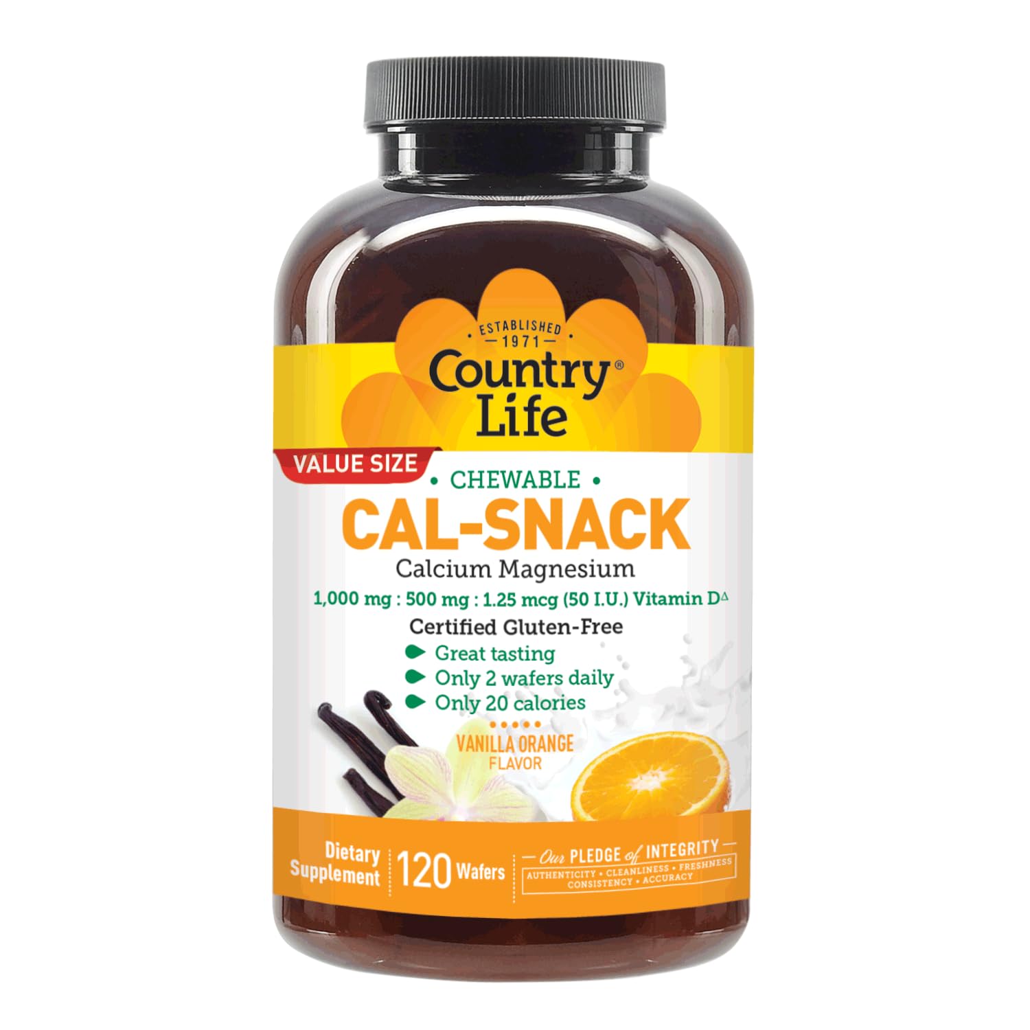 Country Life Cal-Snack - Chewable Calcium Magnesium Supplement wafers with Vitamin D3, Easy to Digest, Vanilla Orange Flavor, Dietary Supplement Country Life Au supplements