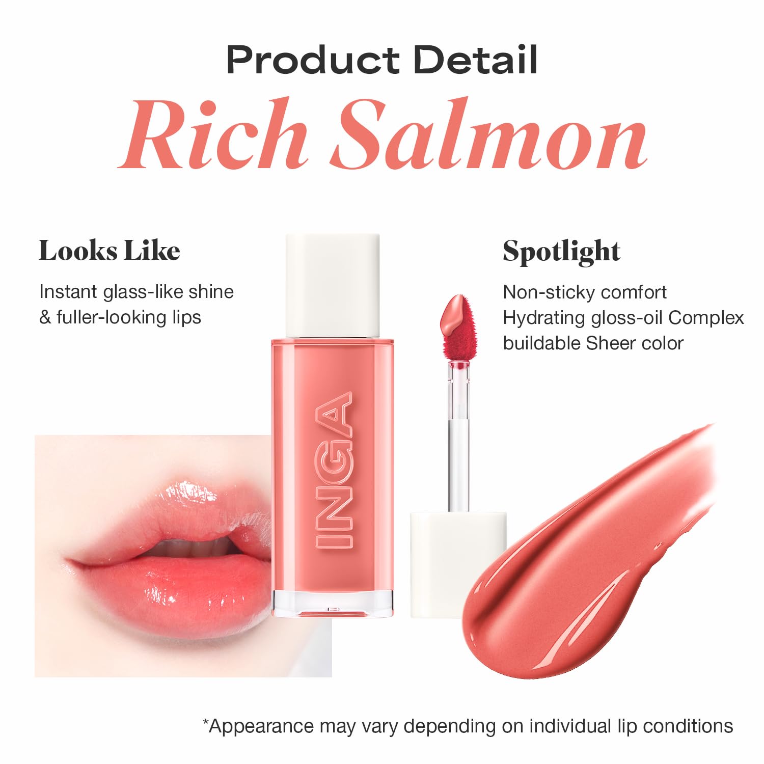 INGA Water Glow Lip Tint | Hydrating, Glossy Korean Lip Tint with Sheer Color & Glass-Like Shine | Long-Lasting, Non-Sticky Korean Lip Stain (RICH SALMON) INGA Au supplements