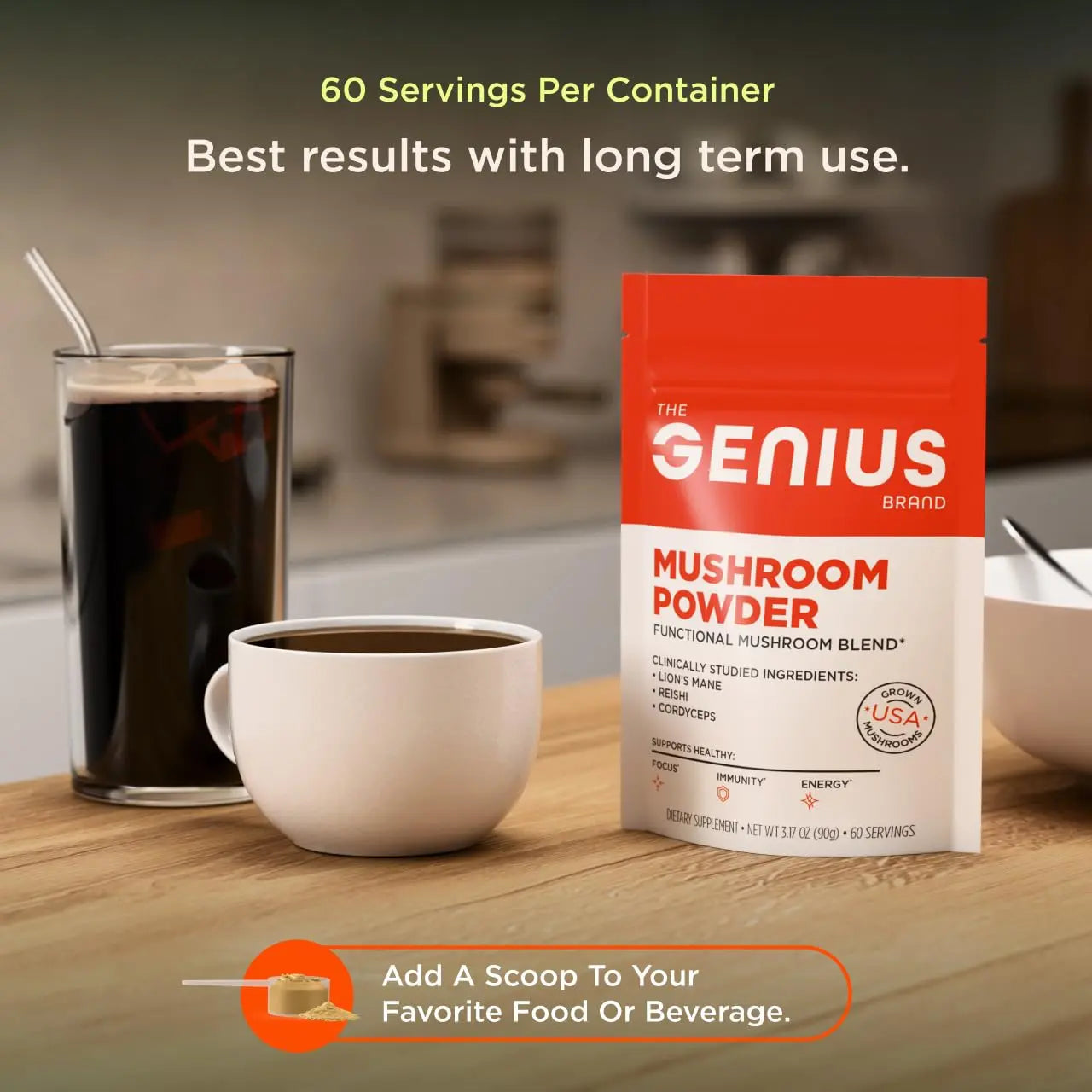 The Genius Brand Mushroom Powder - Includes Lion's Mane, Cordyceps & Reishi - Supports Brain Health, Immune System & Energy Levels - USDA Organic Mushroom Powder - 3.17 oz (60 Servings) The Genius Brand Au supplements