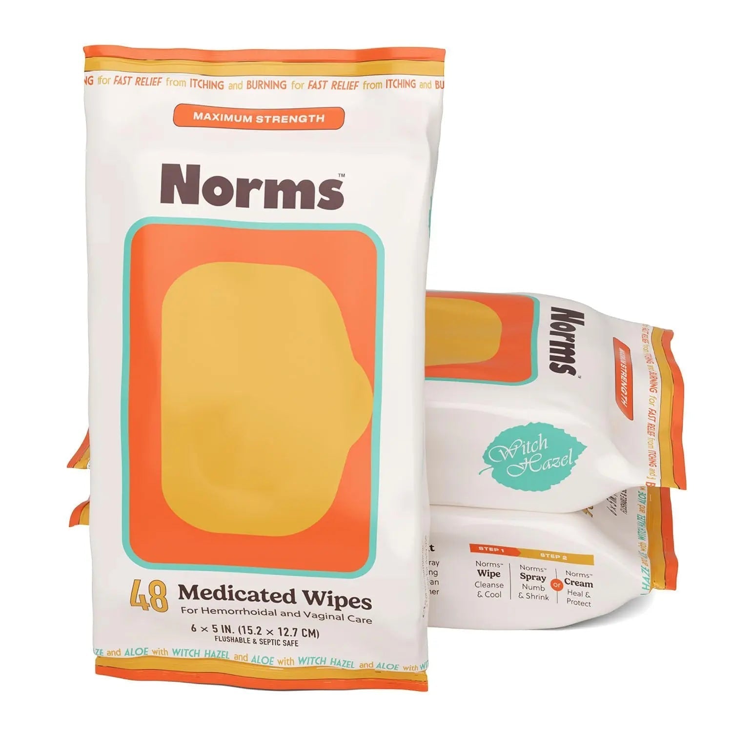 Norms Medicated Hemorrhoid Wipes with Witch Hazel and Aloe, Soothing Flushable Wipes for Itching, Burning & Swelling Relief, Hypoallergenic & Fragrance Free - 48ct (Pack of 3) Norms Au supplements
