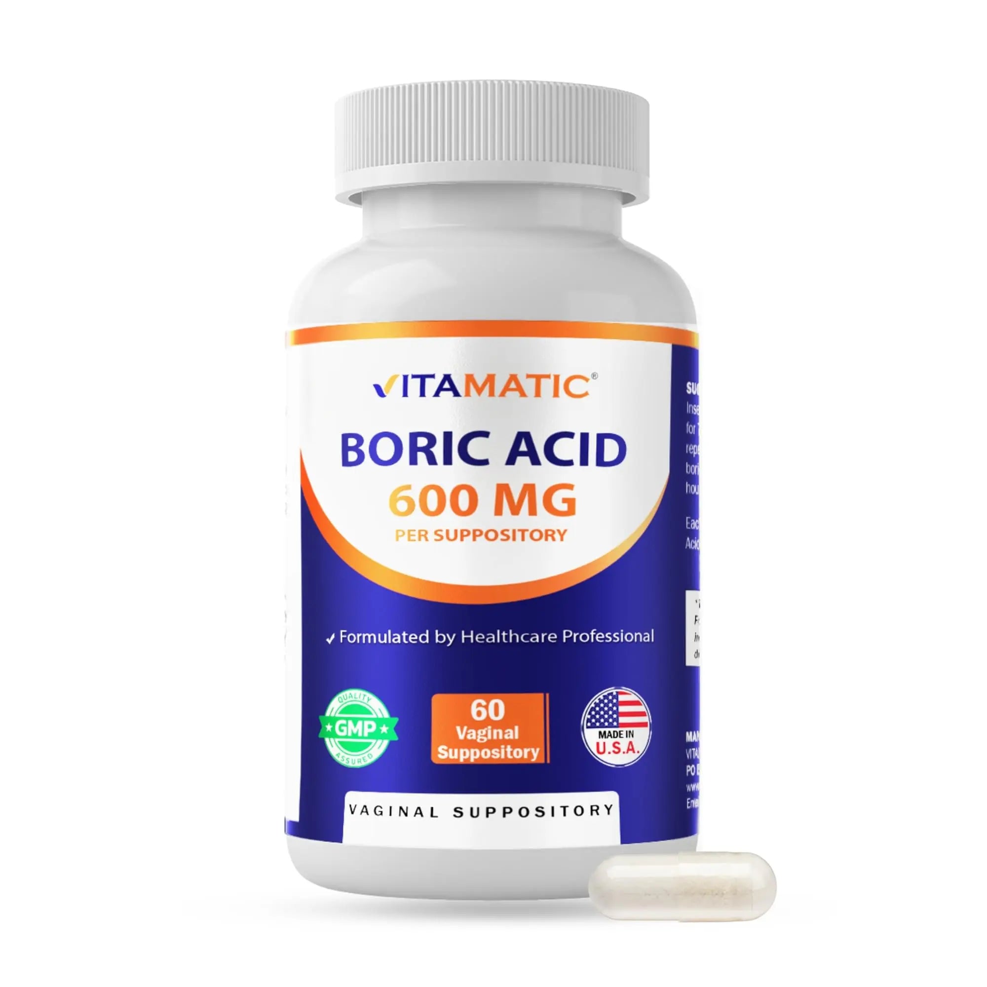 Vitamatic Boric Acid Vaginal Capsule Shell Suppositories 600 mg USP Grade Boric Acid in Vegetarian Capsule Shell - 60 Count Vitamatic Au supplements