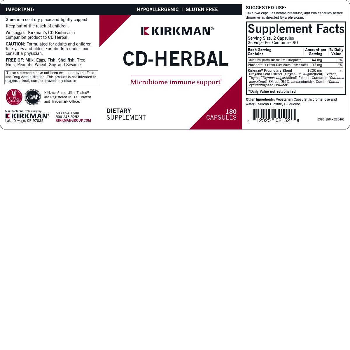 Kirkman CD-Herbal - Hypoallergenic -180 Vegetarian Capsules Kirkman Au supplements
