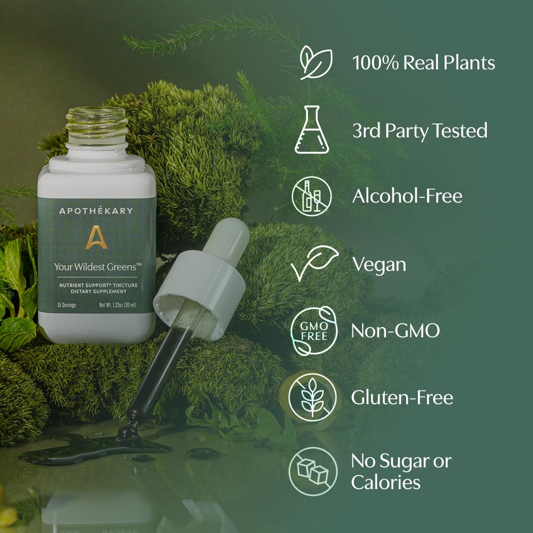 Apothékary Your Wildest Greens Herbal Liquid Drops, All-in-One Daily Superfood Supplement, Vitamin & Mineral Support, 5X Potency of Greens Powders, Sugar Free, Calorie Free, (15 Servings) 1.22oz Apothékary Au supplements
