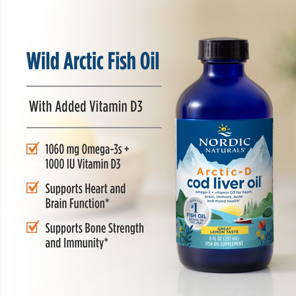 Nordic Naturals Arctic-D Cod Liver Oil, Lemon - 8 oz - 1060 mg Total Omega-3s + 1000 IU Vitamin D3 - EPA & DHA - Heart, Brain, Bone, Immune & Mood Support - Non-GMO - 48 Servings Nordic Naturals Au supplements