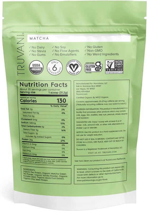 Truvani Organic Vegan Protein Powder Matcha - 20g of Plant Based, Organic Protein Truvani Au supplements