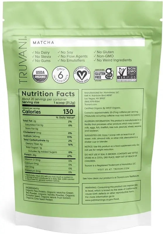 Truvani Organic Vegan Protein Powder Matcha - 20g of Plant Based, Organic Protein Truvani Au supplements