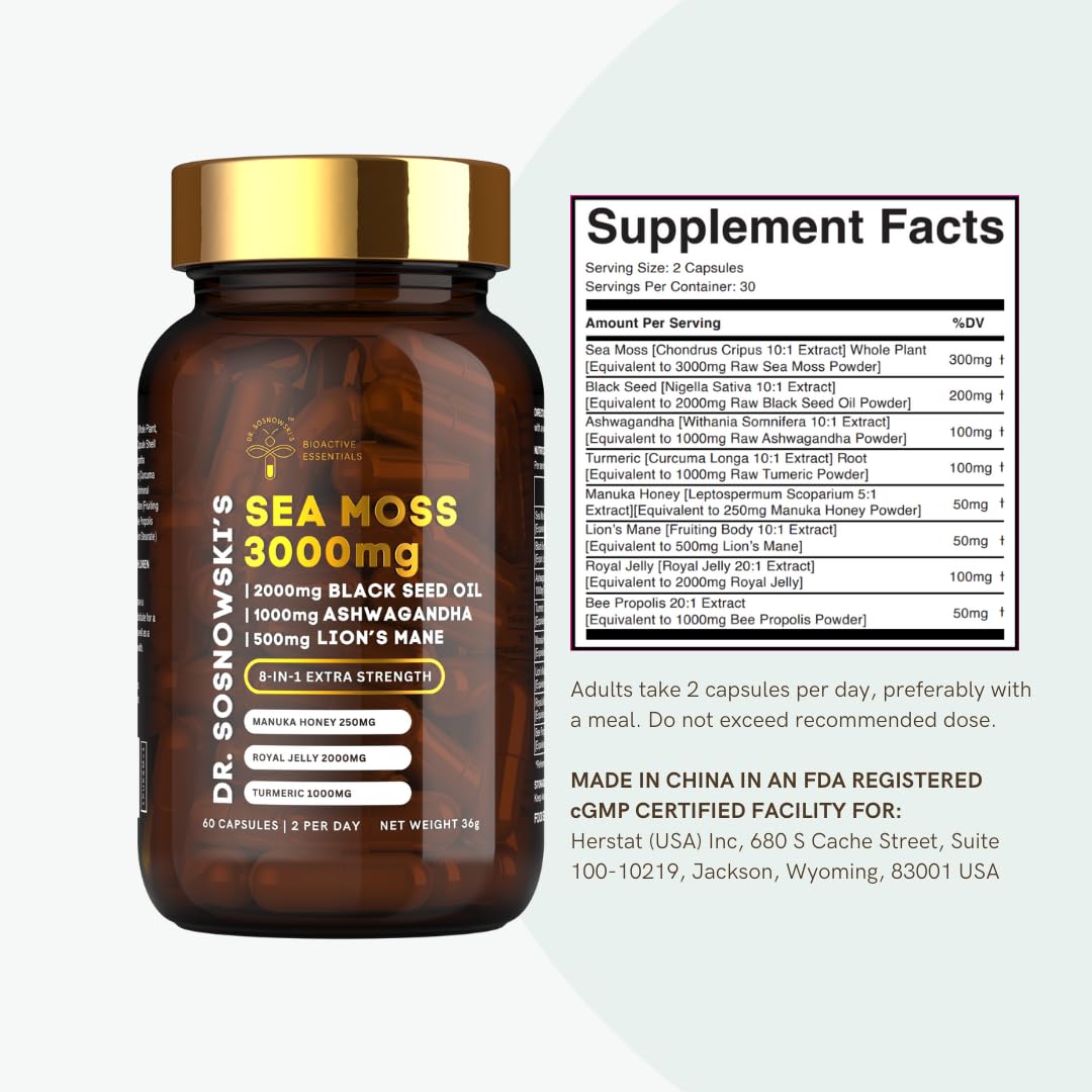 Dr Sosnowski's BioActive Sea Moss | 8-in-1 Formula Enriched with Black Seed, Ashwagandha, Turmeric, Manuka Honey, Lion's Mane, Royal Jelly, Bee Propolis Extract | 60 Capsules Dr Sosnowski's Au supplements