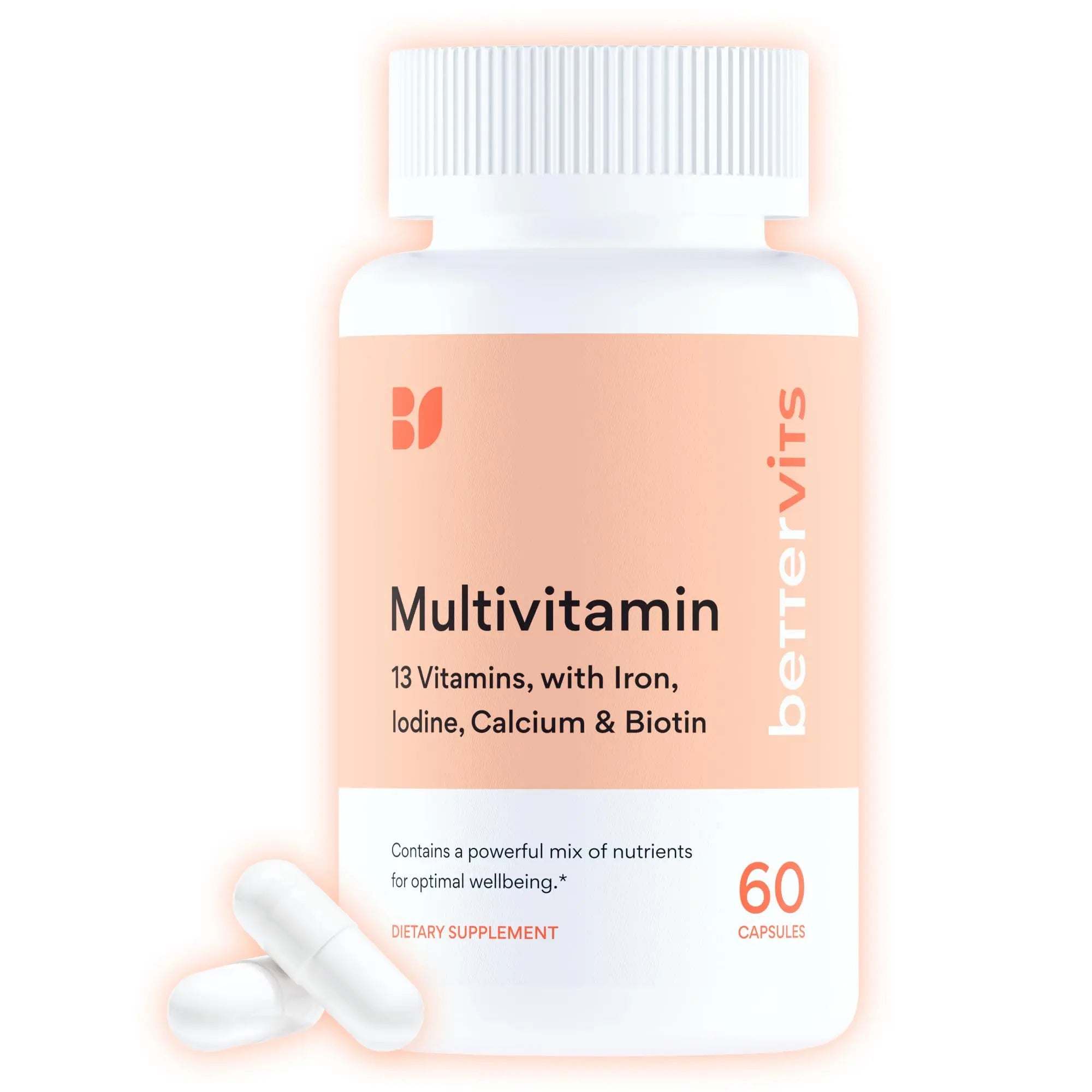 Bettervits Multivitamin for Women & Men | Womens Daily Multivitamin with 13 Essential Vitamins Iron, Iodine, Calcium and Biotin | Vitamins A, K2, D3, C, B1, B2, B3, B5, B6, B7, B9, B12 | 60 Capsules Bettervits Au supplements