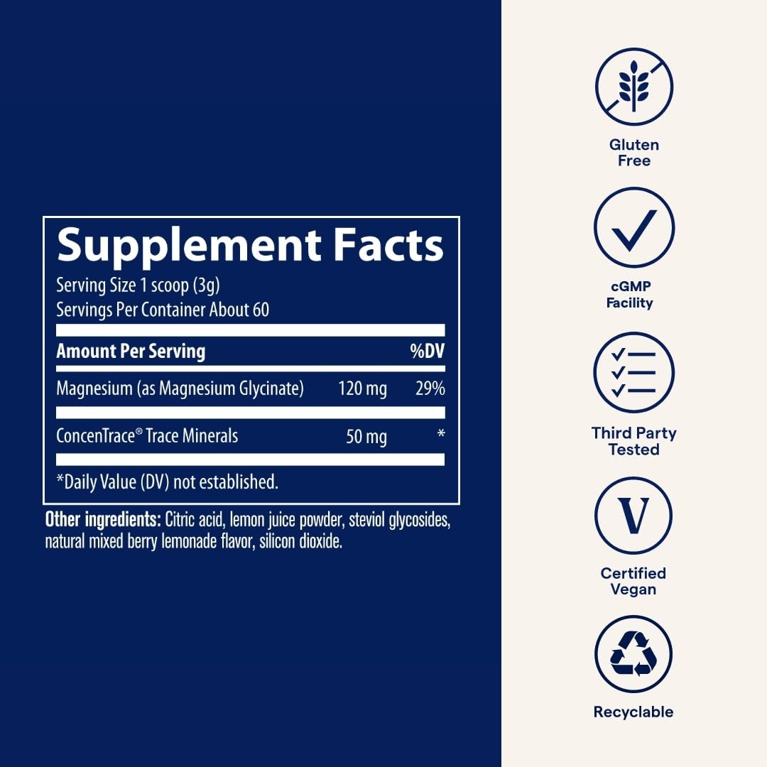 Trace Minerals Magnesium Glycinate Powder - Daily Magnesium Powder for Sleep Support - Calming Bedtime Drink - Natural & Gentle - Mixed Berry Lemonade - 180g (60 Servings) Trace Minerals Au supplements