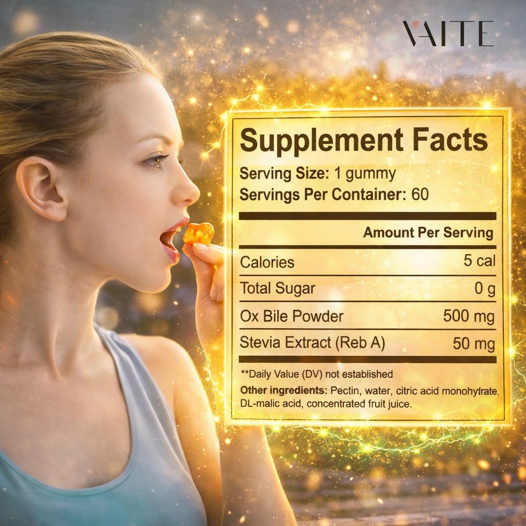 VAITE Ox Bile Gummies – 500mg Digestive Support for Gallbladder & Gut Health – Non-GMO, Sugar-Free Supplement – Helps Nutrient Absorption & Bile Flow – 60 Easy-to-Chew Bile Acid Chewables VAITE Au supplements