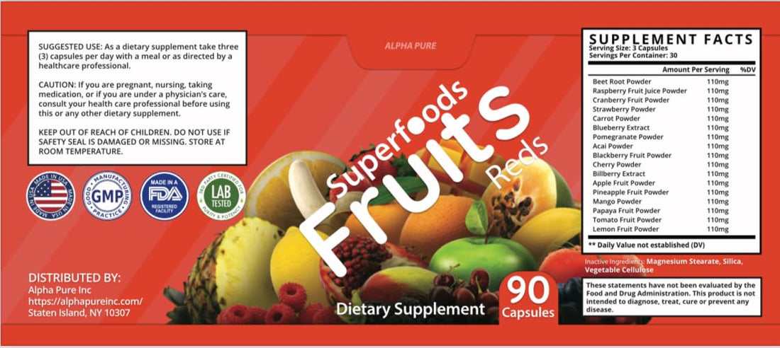 Alpha Pure Superfoods Reds Fruits and Greens 180 Capsules Vegetables Fruits and Veggies Superfood | Natural Balance of 90 Fruit Capsules, 90 Veggie Capsules for Men, Women Vitamins and Minerals Alpha Pure Au supplements