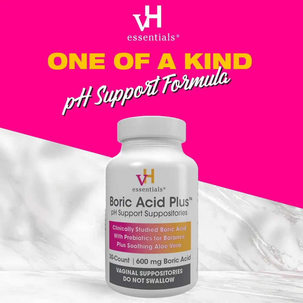vH Essentials Boric Acid Plus Vaginal Suppositories, Prebiotic Infused with Soothing Aloe Vera, pH Support Formula Fights Odor and Promotes Freshness, 600mg Boric Acid, 30 Count vH essentials Au supplements