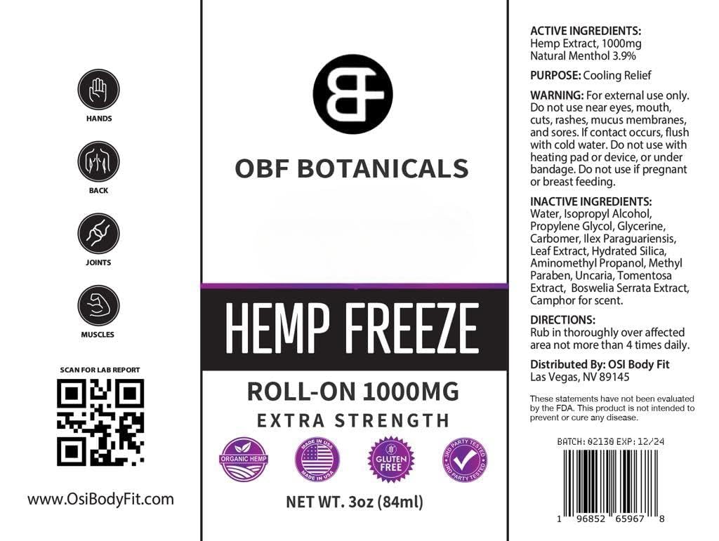 OBF Botanicals Hemp Roll On 3 Oz Instant Effect Topical Pain Relief Hemp Extract and Menthol Concentrated Roll On for Aching Muscles, Joint Relief, Ligaments - 1000mg OBF Botanicals Au supplements