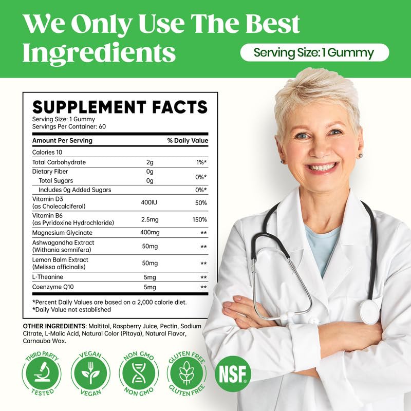 60 Day Supply Magnesium Glycinate 400mg Gummies with Ashwagandha, L-Theanine, CoQ10, Vitamin D3 & B6, Sugar Free Magnesium Gummies for Adults & Kids, Stress Relief, Sleep & Calm, Vegan, Gluten Free Venture Pal Au supplements