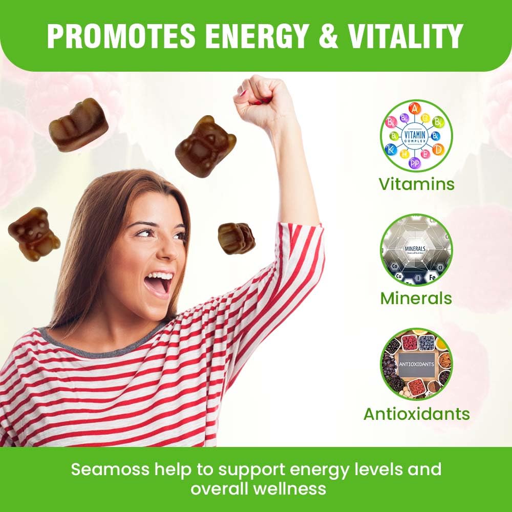 Safrel Irish Sea Moss Gummies 3000mg with Bladderwrack and Burdock Root, Thyroid Energy and Immune Support, Vegan Raspberry Flavor, 60 Gummies Safrel Au supplements