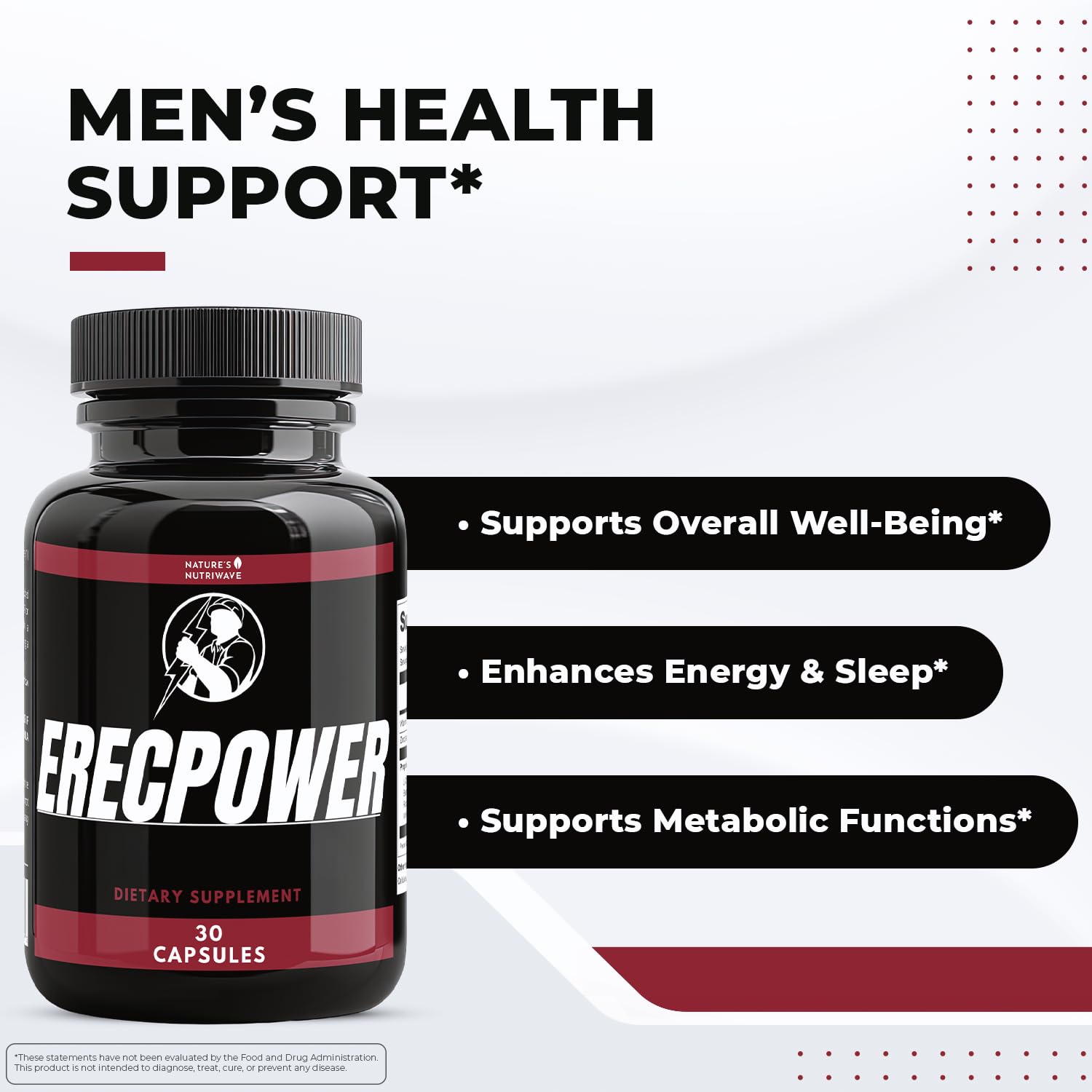 Nature’s NutriWave ErecPower – 100% Natural Men’s Wellness Supplement with Niacin, Zinc & Herbal Blend - Made in USA – 30 Capsules, 3 Month Supply Nature’s NutriWave Au supplements
