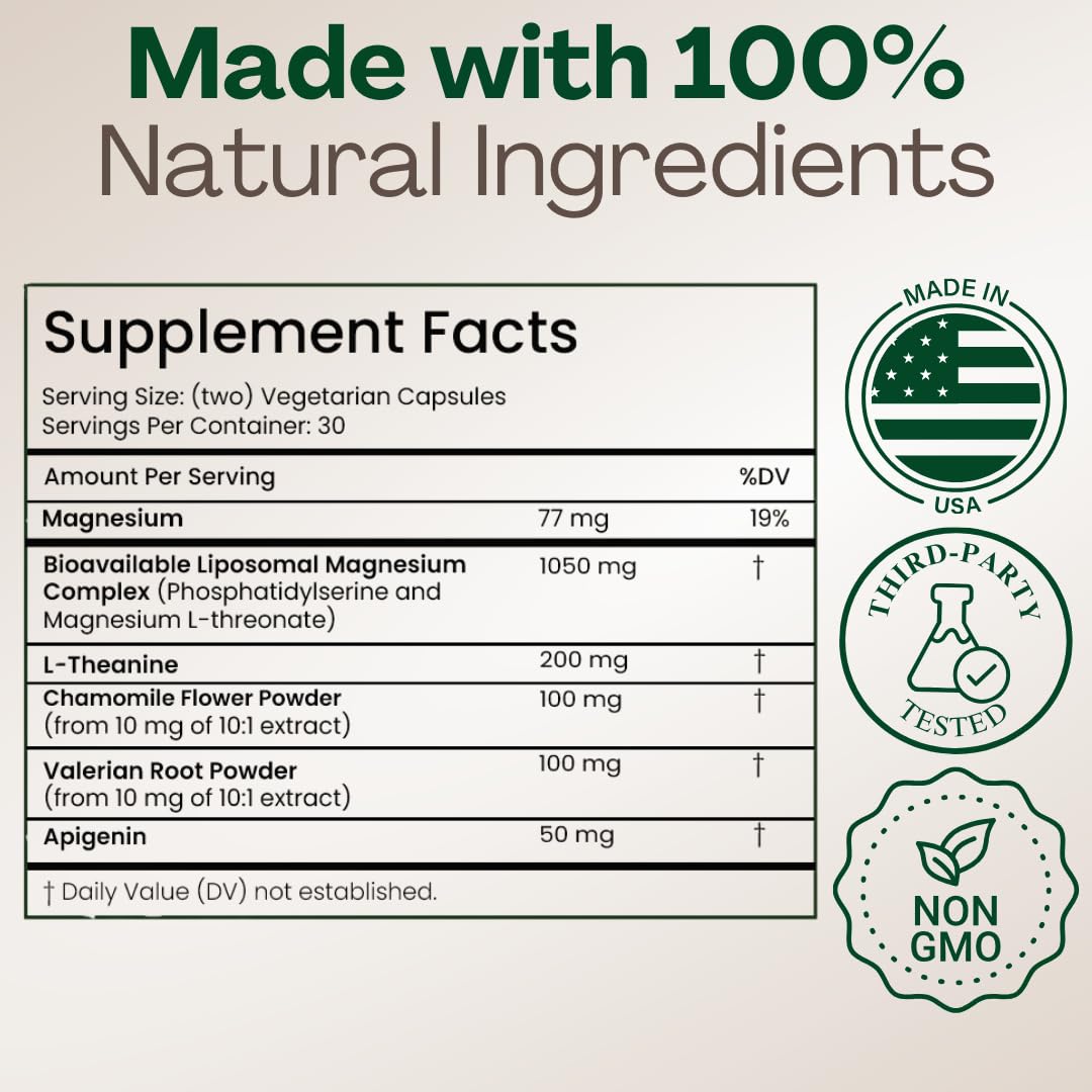 MAGPLUS+ Magnesium L-Threonate w Apigenin & L Theanine | 7-Ingredient Sleep Blend | Brain, Memory, & Sleep Support | Liposomal Magnesium Threonate Supplement (60 Capsules) Plus+Ultra Au supplements