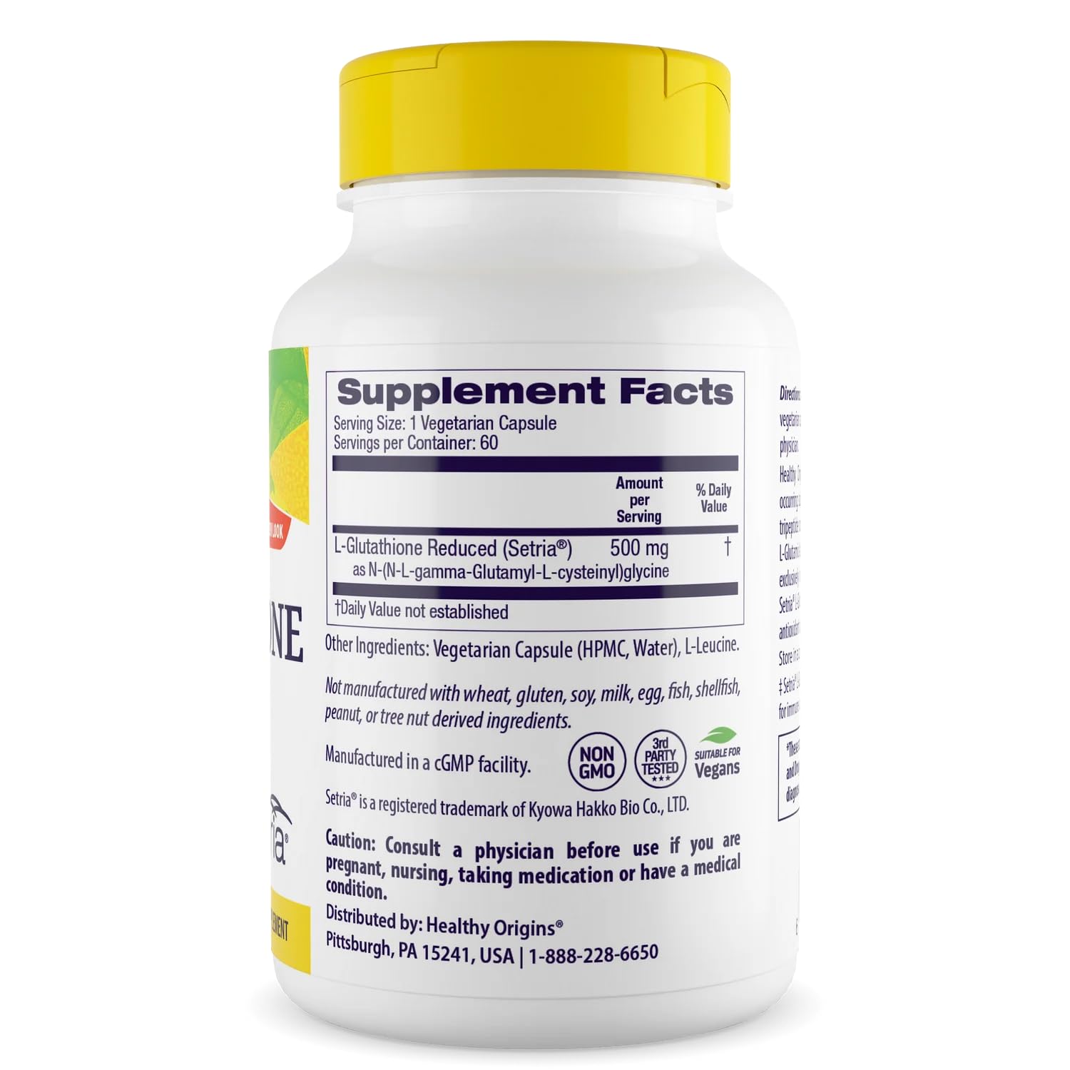 Healthy Origins L-Glutathione 500 mg (Setria, Non-GMO, Gluten Free, Antioxidant, Immune Support, Skin Support), 60 Veggie Caps Healthy Origins Au supplements