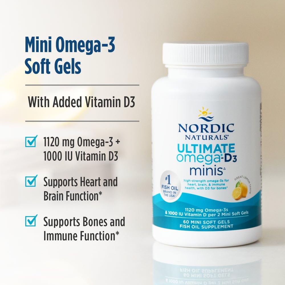 Nordic Naturals Ultimate Omega Mini D3, Lemon Flavor - 60 Mini Soft Gels - 1120 mg Omega-3 + 1000 IU Vitamin D3 - EPA & DHA - Promotes Brain & Heart Health - 30 Servings Nordic Naturals Au supplements