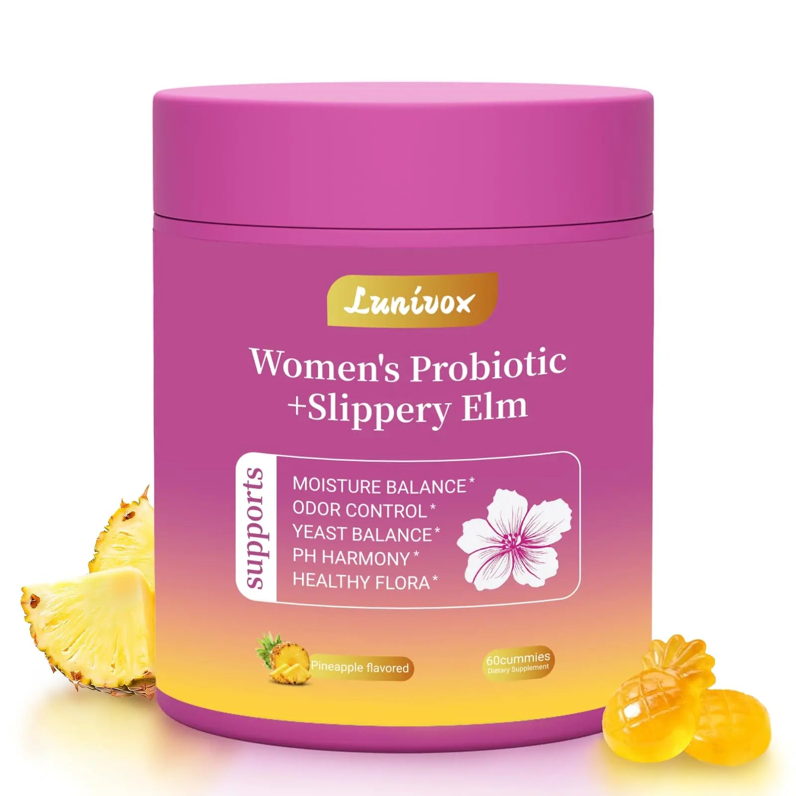 Lunivox Her Juicy Feminine Probiotics Gummies for Women, with Prebiotics & Slippery Elm - Promotes pH Balance, Gut Health & Immune Support - Pineapple Flavor, 60 Count Lunivox Au supplements