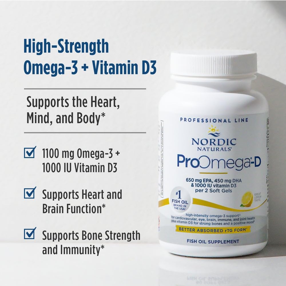 Nordic Naturals ProOmega-D, Lemon Flavor - 120 Soft Gels - 1280 mg Omega-3 + 1000 IU D3 - High-Potency Fish Oil - EPA & DHA - Brain, Eye, Heart, & Immune Health - Non-GMO - 60 Servings Nordic Naturals Au supplements