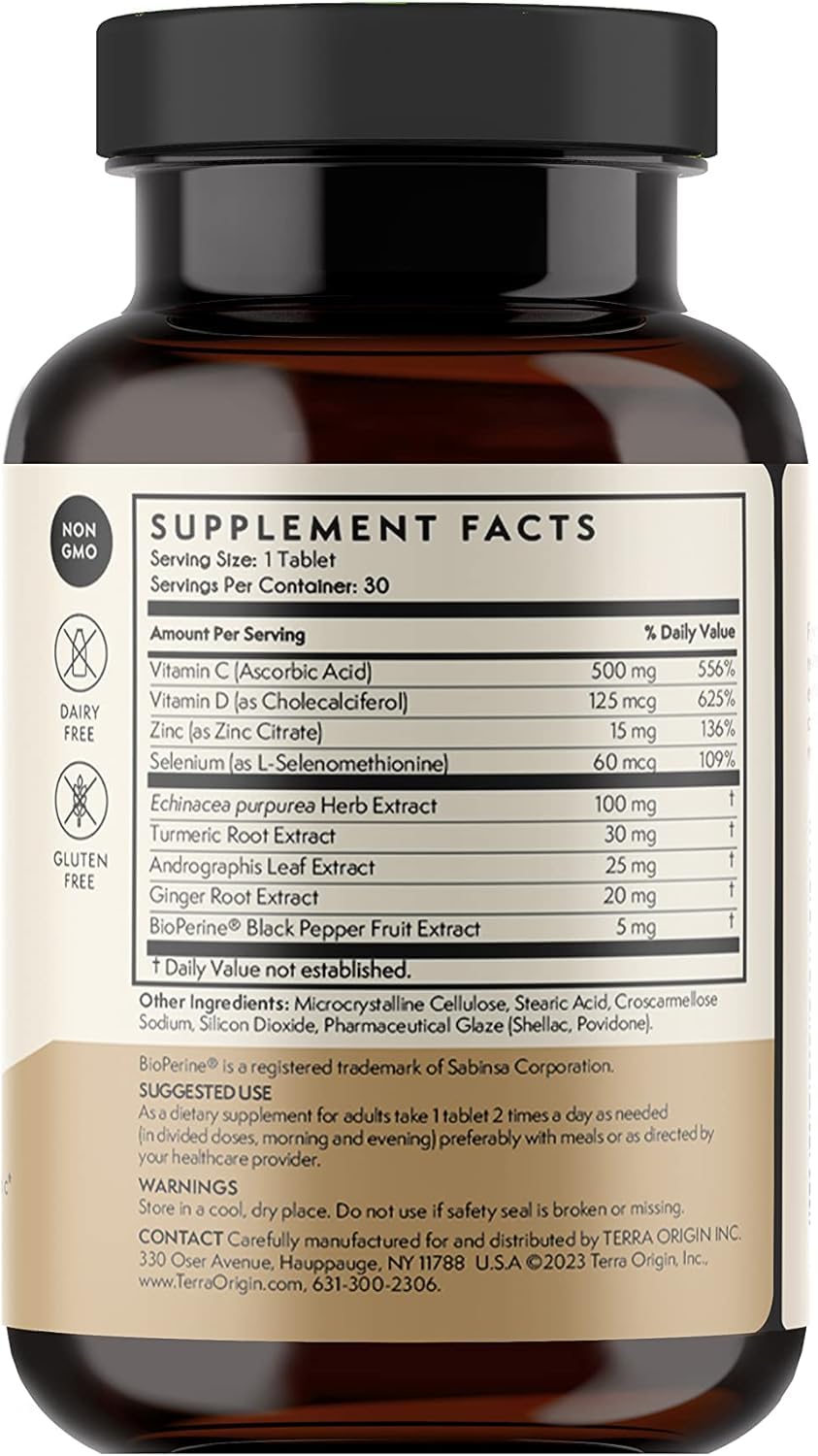 TERRA ORIGIN Immune Support Supplement | 60 Tablets | Immune System Booster for Adults* | BioPerine, Vitamin C, D, Zinc, Echinacea | Non GMO, Gluten Free, Dairy Free, Made in USA TERRA ORIGIN Au supplements