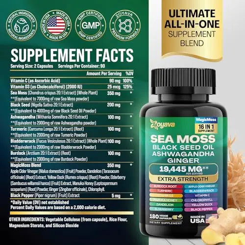 Sea Moss 7000mg Black Seed Oil 4000mg Ashwagandha 2000mg Turmeric 2000mg Zoyava Au supplements