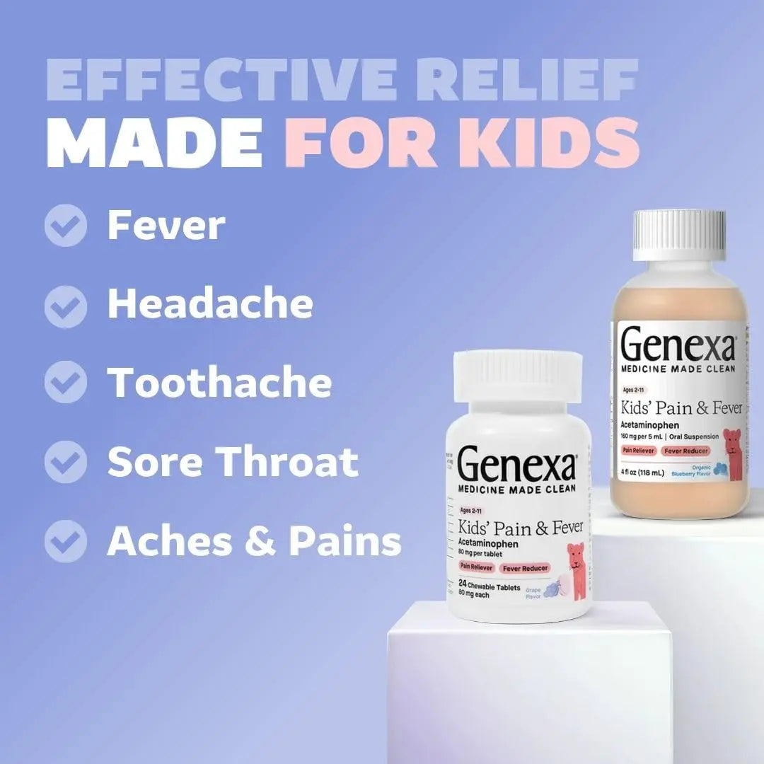Genexa Kids' Clean Pain & Fever Acetaminophen Bundle | Relieves Fever & Minor Aches and Pain | Dye Free, 0% Artificial Additives | Chewable Tablets & Liquid Oral Suspension for Children Aged 2-11 Genexa Au supplements