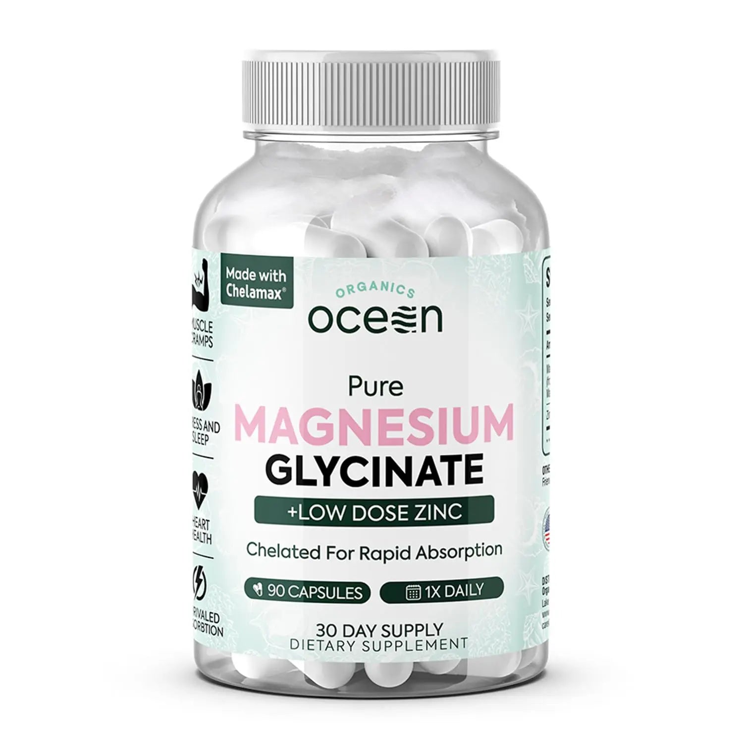 Organics Ocean Pure Magnesium Glycinate with Zinc - Maximum Strength Chelated Magnesium Supplement for Women and Men for Muscle Cramps and Sleep Support - 90 Capsule Organics Ocean Au supplements