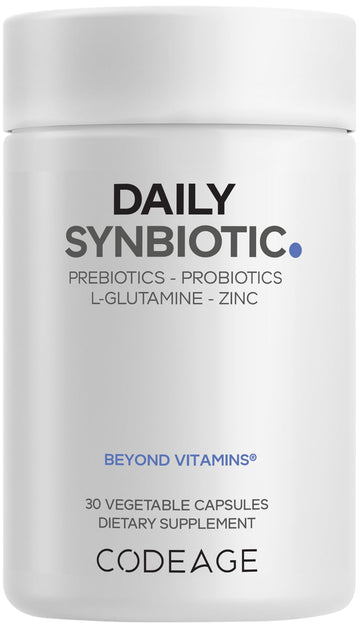 Codeage Daily Synbiotic Supplement - Prebiotics, Lactobacillus & Bifidobacterium Probiotics, L-Glutamine, Zinc L-Carnosine, DGL, Synbiotic Probiotic, BioPerine - Shelf-Stable - 30 Capsules Codeage Au supplements
