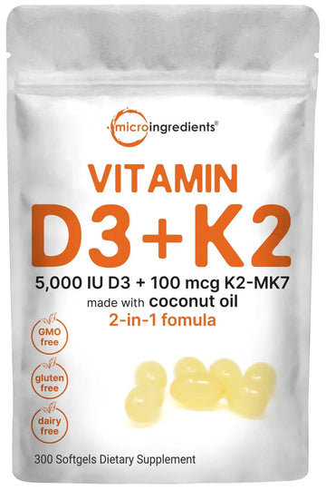 Micro Ingredients Vitamin D3 5000 IU Plus K2 (MK-7) 100 mcg, 300 Virgin Coconut Oil Softge Micro Ingredients Au supplements