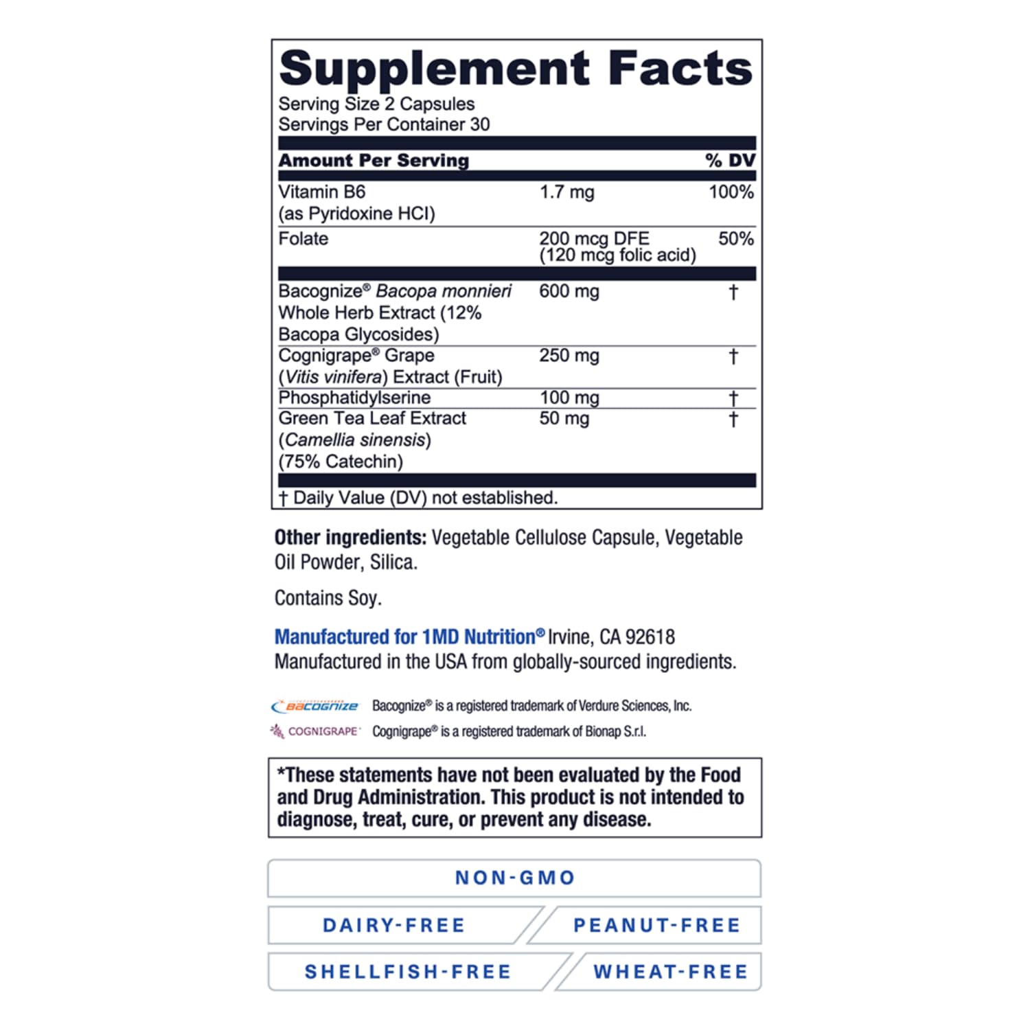 1MD Nutrition MindMD - Brain Supplement for Memory and Focus - Bacopa Monnieri for Nootropic Brain Support - Brain Health Supplement for Adults - with Vitamin B6 & Green Tea Extract - 60 Caps 1MD Nutrition Au supplements