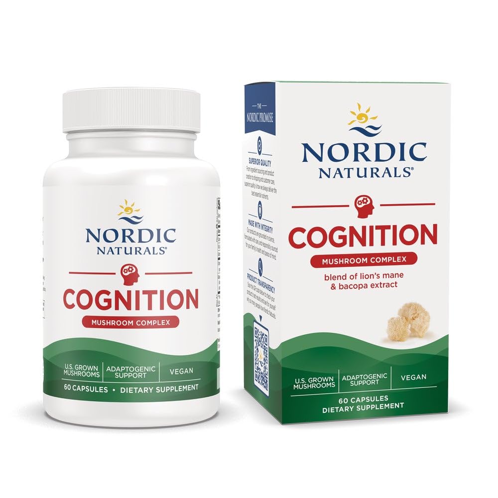 Nordic Naturals Cognition Mushroom Complex, Unflavored - 60 Capsules - Brain, Memory & Mood Support - Blend of Lion’s Mane Mushroom & Bacopa Extract - Non-GMO - Certified Vegan - 30 Servings Nordic Naturals Au supplements